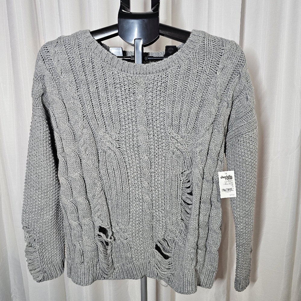 Charlotte Russe Gray Distressed Crew Neck Sweater